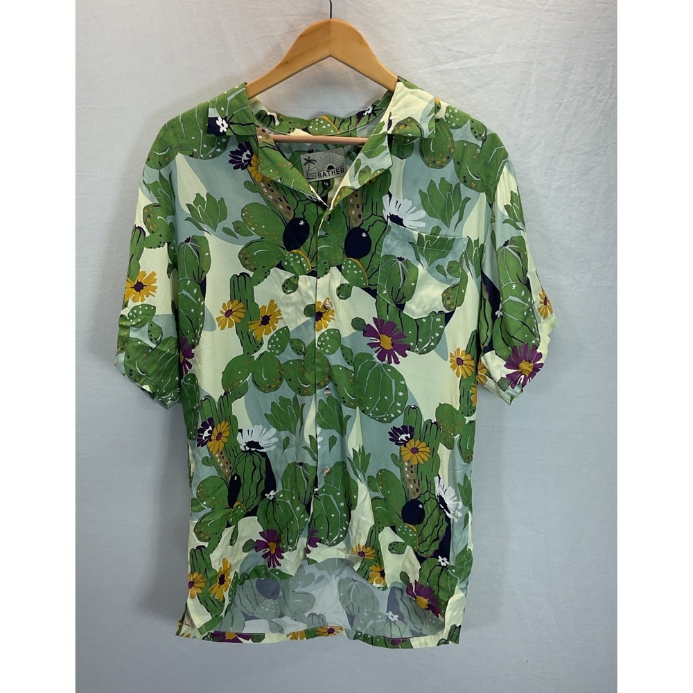 Bather‎ Hawaiian Camp Shirt Mens LG Button Up Short Sleeve colorful Cactus linen
